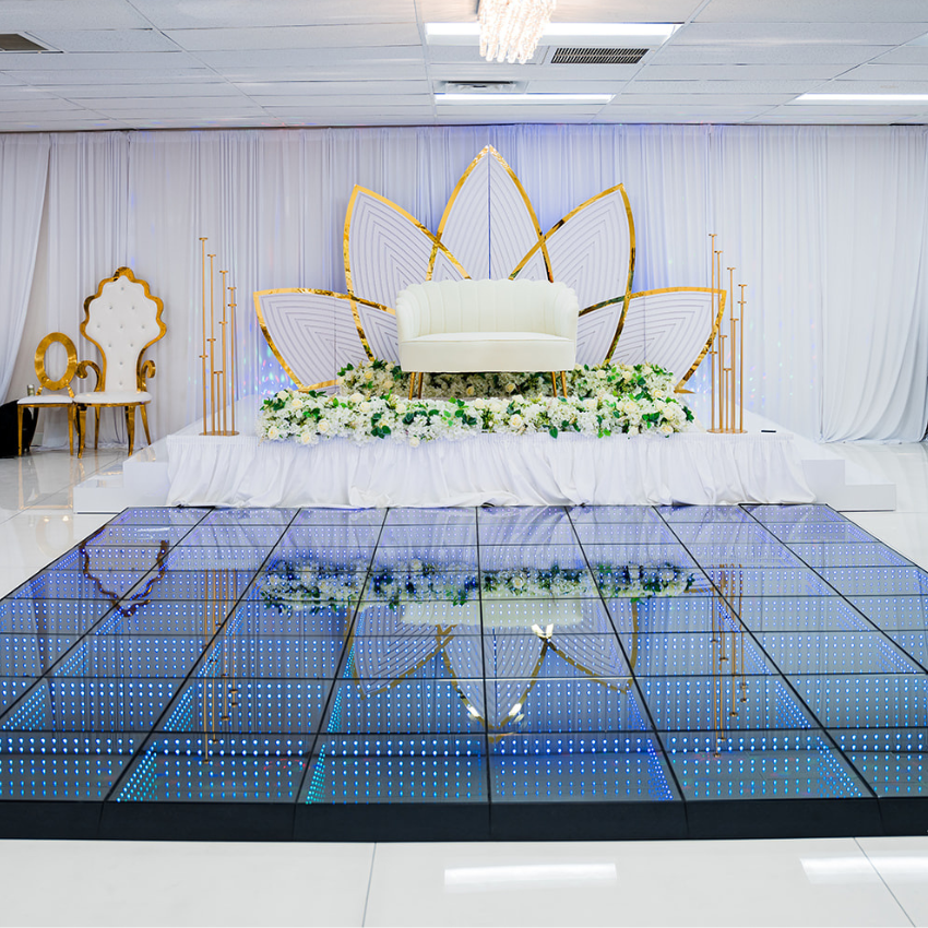 There is a dance floor in the middle of the room.